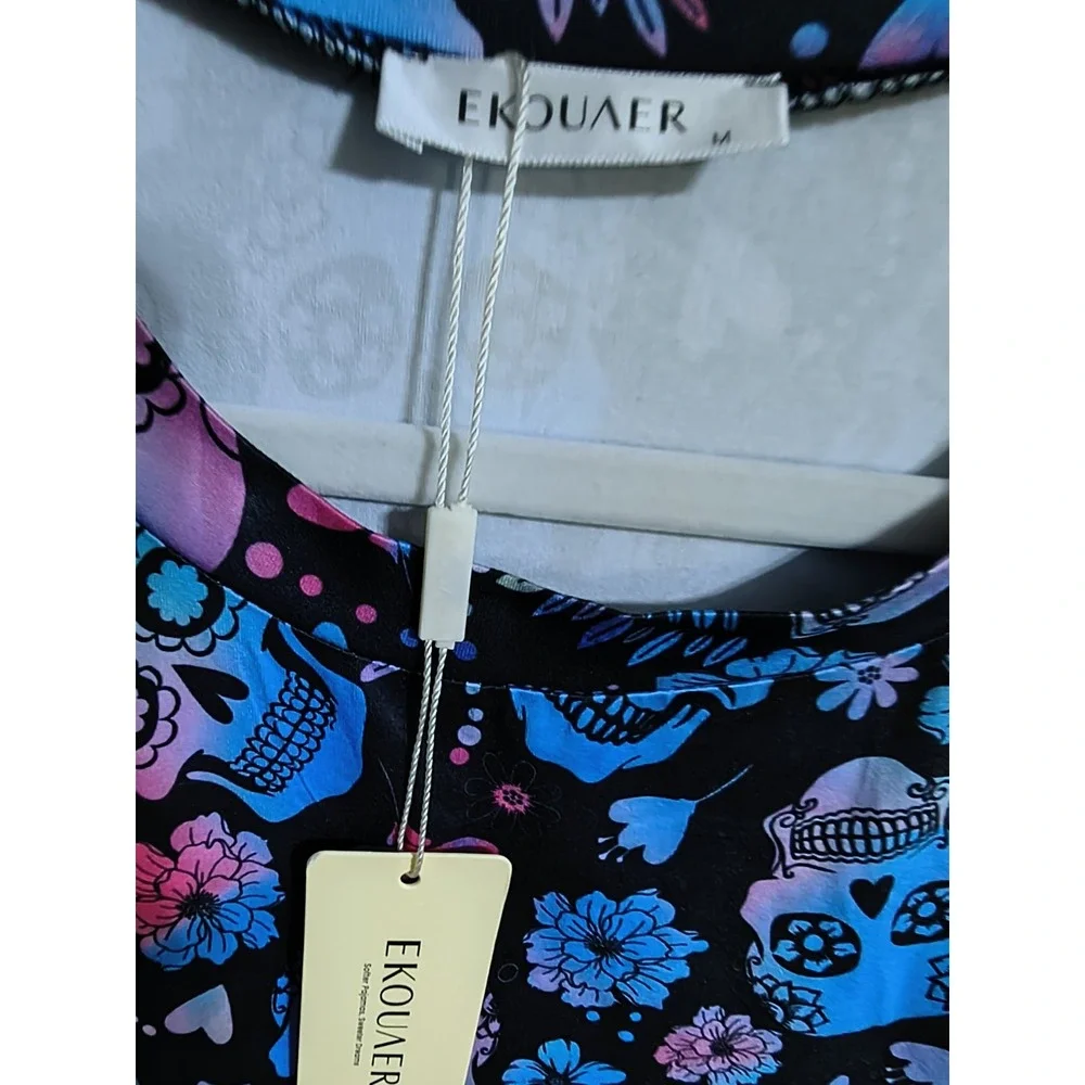 Ekouaer Satin Black Skull Skeleton Pull On Pajamas M Short Sleeve Tie Waist NWT